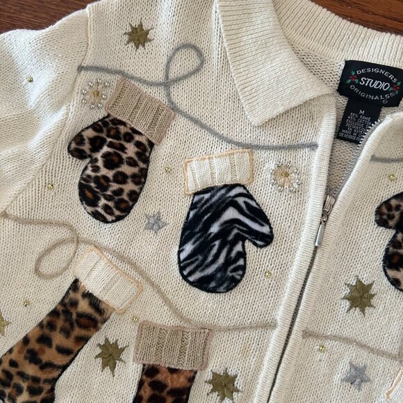 Christmas Animal Print Leopard Cheetah Stocking Full Zip Cardigan Size Medium - Picture 6 of 10